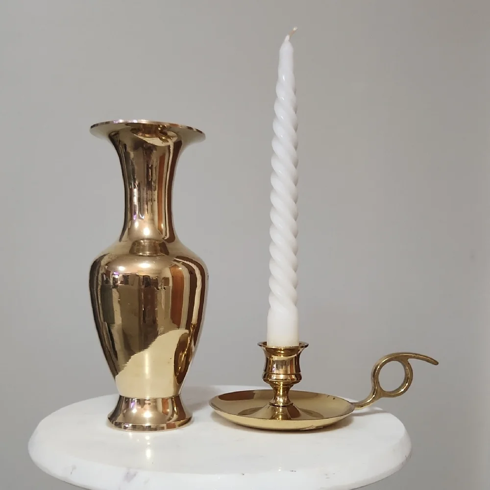 Vintage Elegant Golden Brass Vase and Candlestick Holder With Handle Set